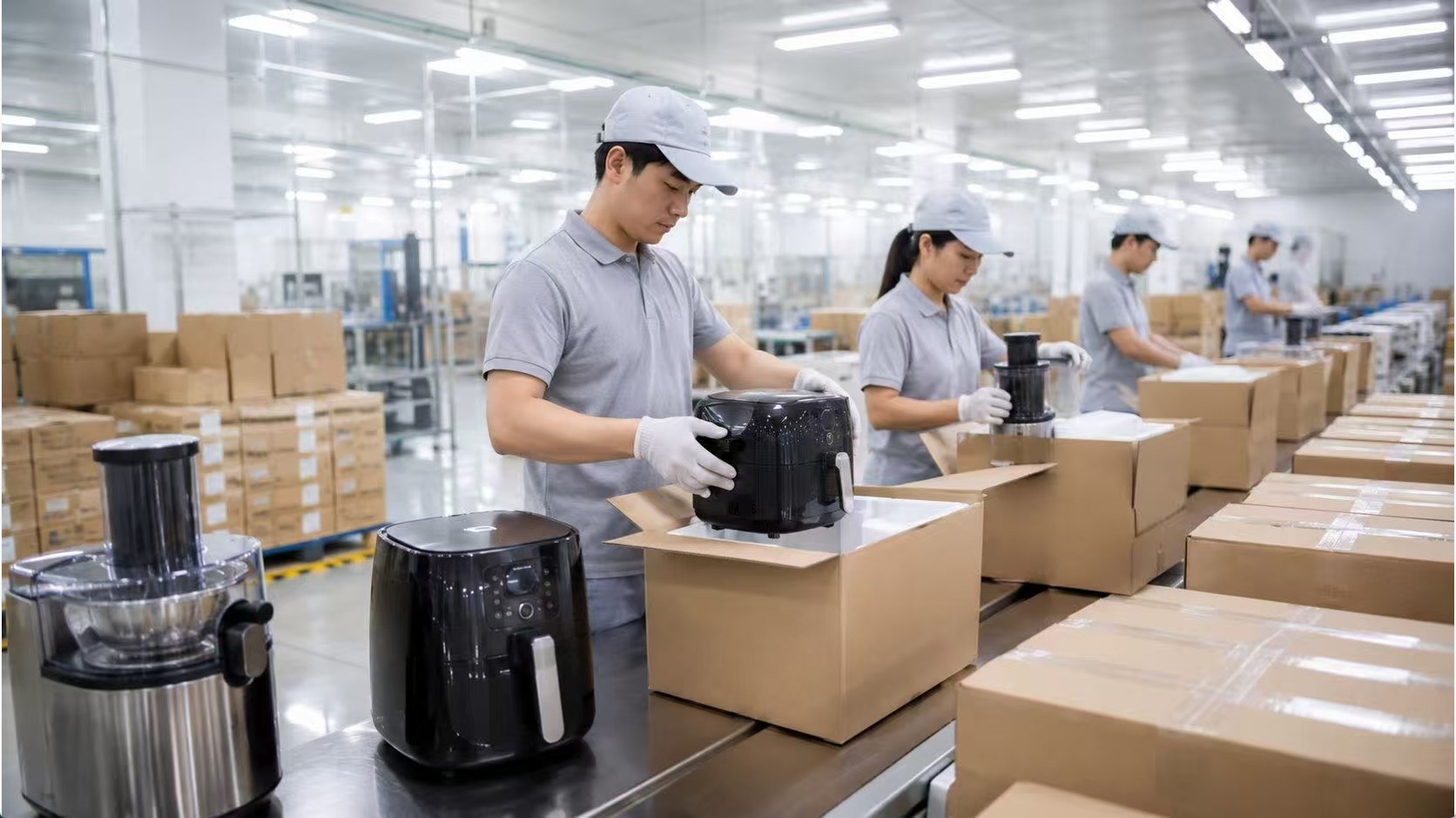 Small appliance packaging line and shipment preparation